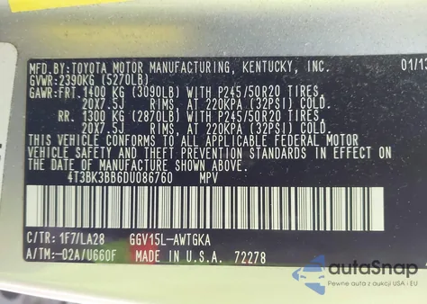 2013 Toyota Venza Limited V6 from USA, damaged, VIN 4T3BK3BB6DU086760